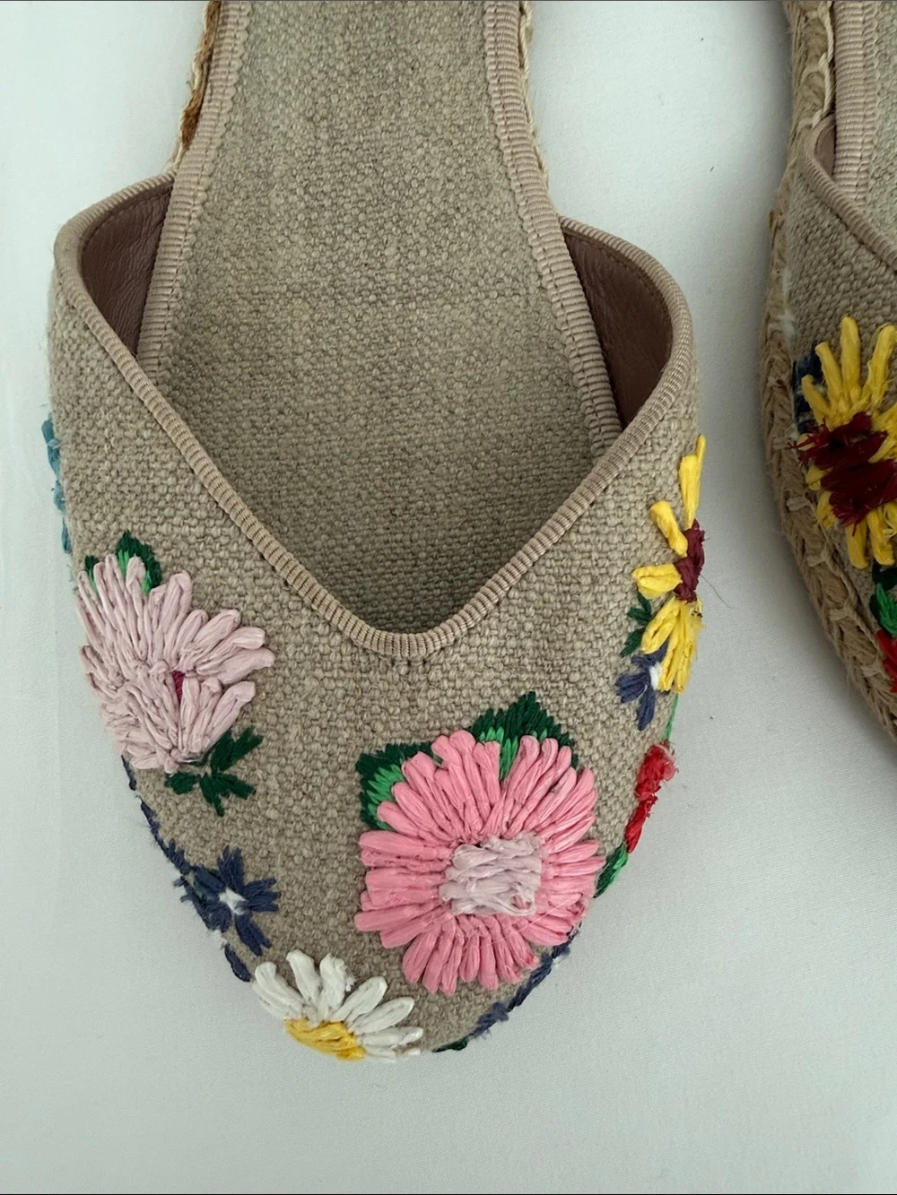 Tabitha Simmons Beige Embroidered Floral Slingback Flats